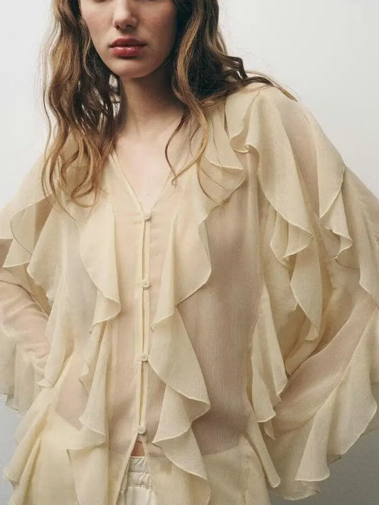 RBB Women's Summer V-Neck Ruffle Blouse – Sheer Tiered Button-Front Beach Top