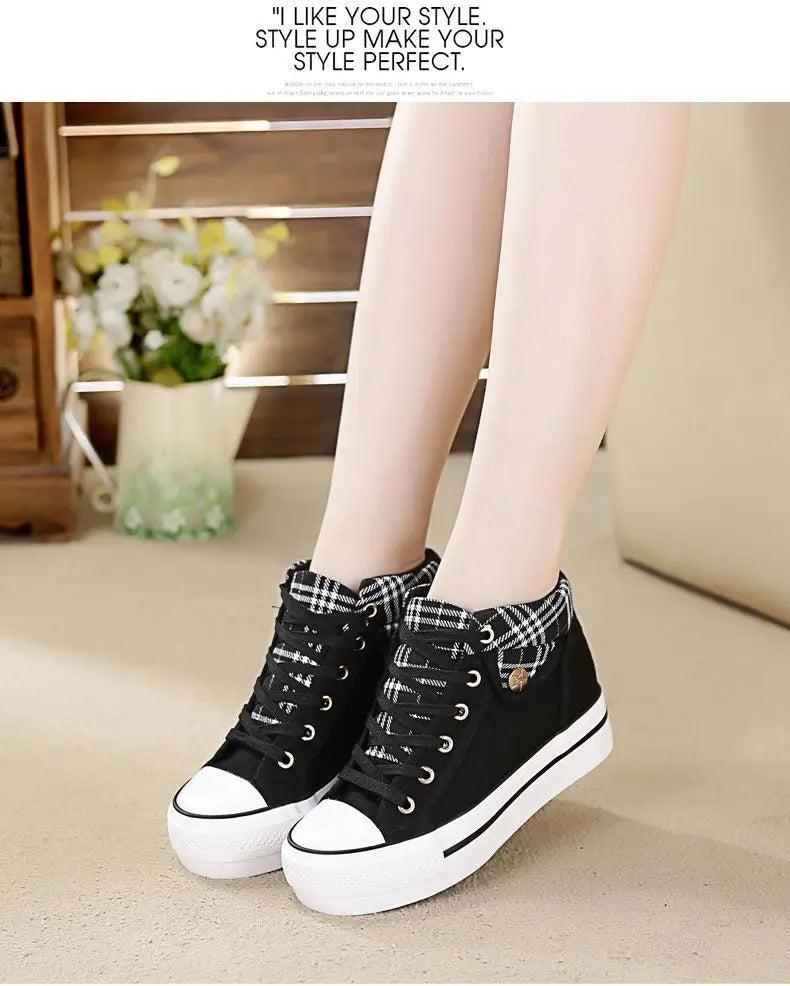 Women's Casual Shoes Flats Ladies Thick Sole Wedge Canvas Shoes Fashion Cowboy Shoes Women Sneakers Lace Up Zapatillas De Mujer