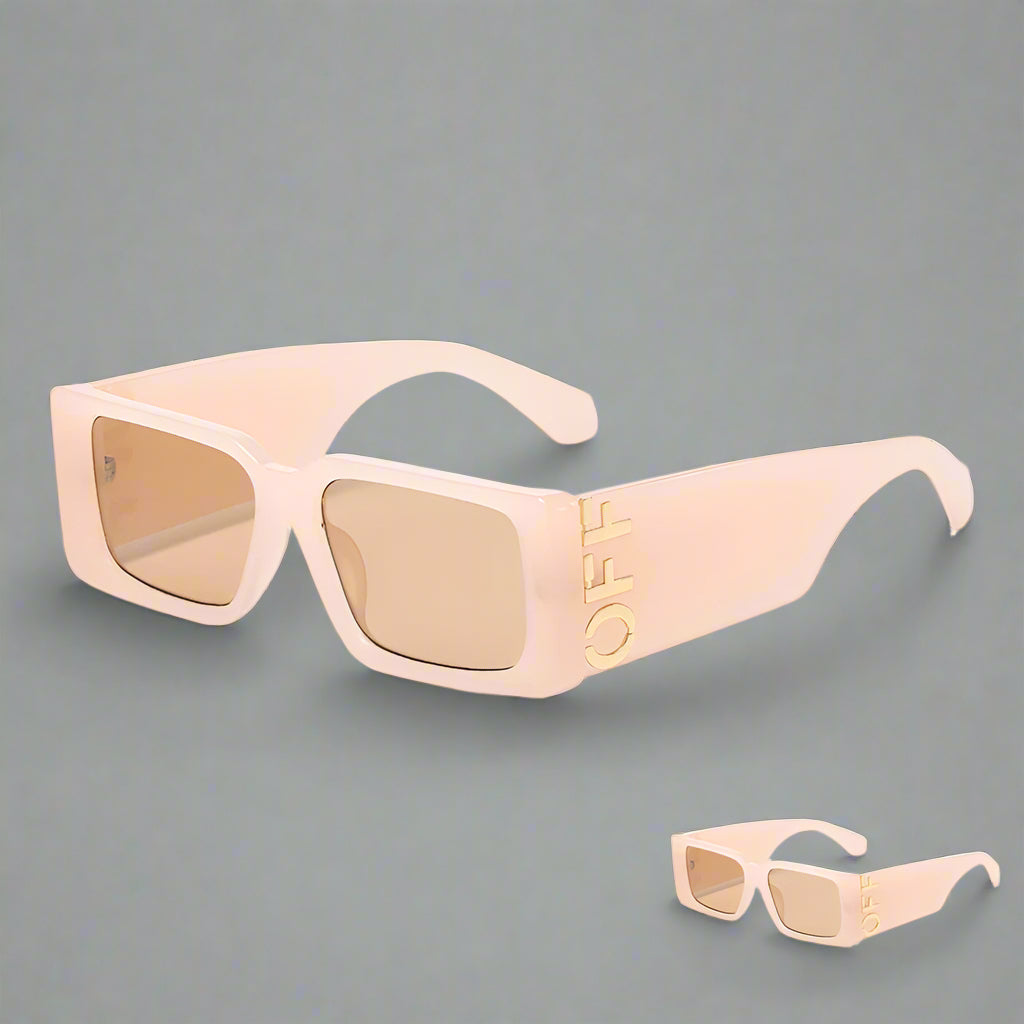 Beige sunglasses with 'OFF' branding on a white background, featuring a 'Buy 1 Get 1 Free' offer.