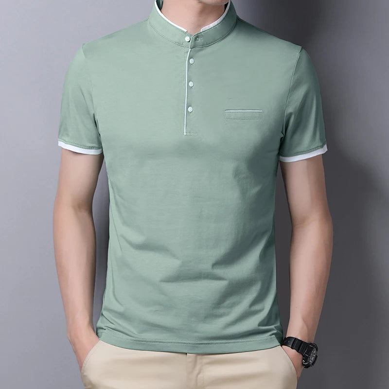 RBB 2025 Men’s Casual Fashion Stand-Up Collar Polo – Solid Color, Short Sleeve, Summer Versatile & Comfortable Top
