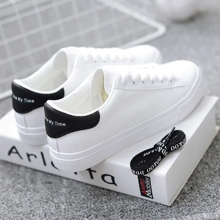 Women’s PU Leather Vulcanized Platform Sneakers – Classic White Casual Shoes