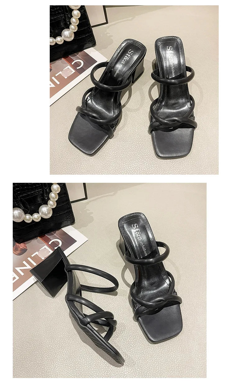 RBB Summer Retro High Heel Slippers – Versatile Thick Heel for Women