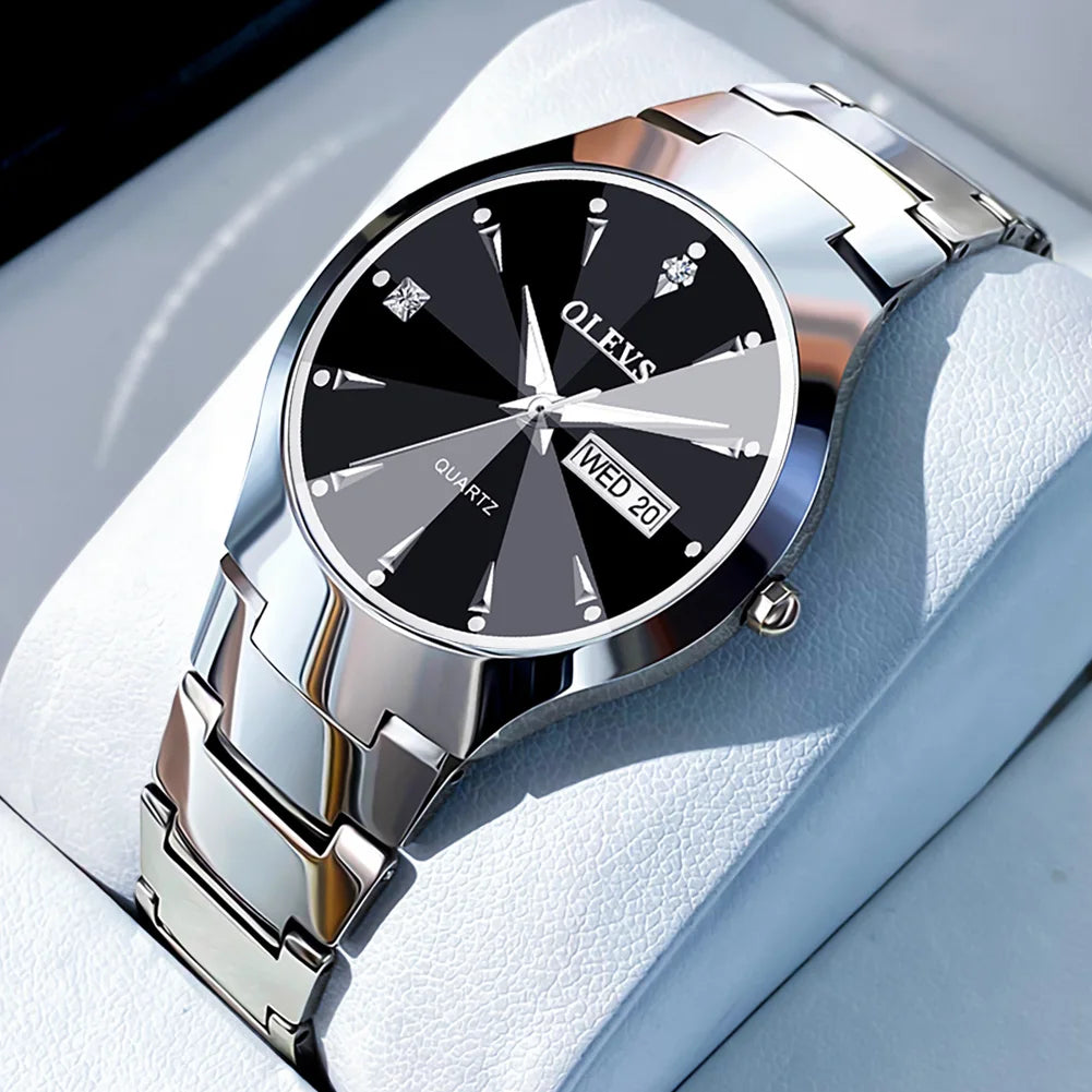 RBB Men’s Luxury Quartz Watch – Tungsten Steel Case & Strap, Luminous, Date & Week Display, Waterproof