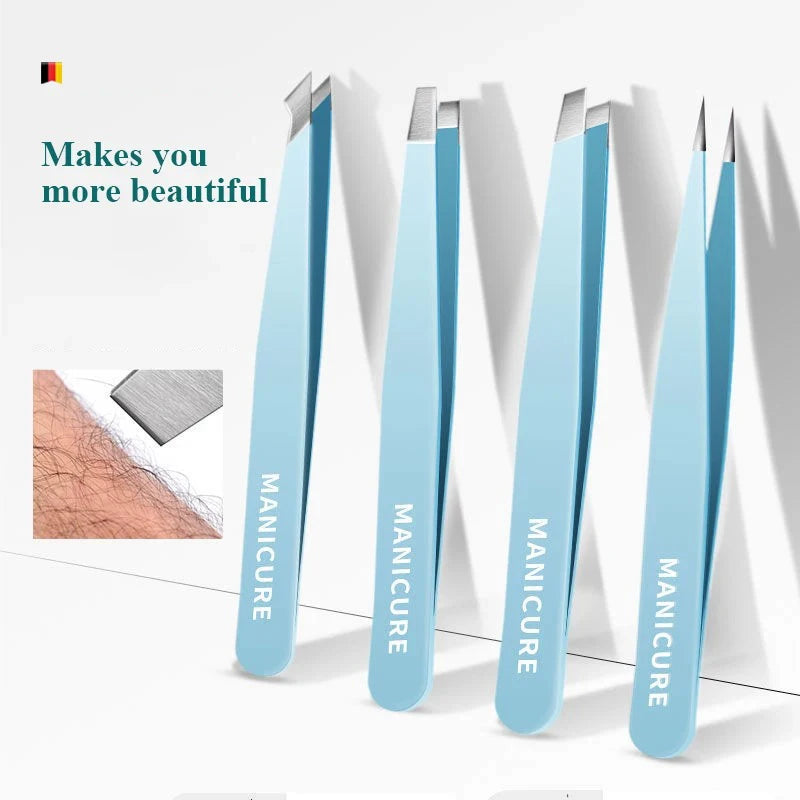4Pcs Colorful Eyebrow Tweezers Set – Stainless Steel Slanted Hair Removal Tools