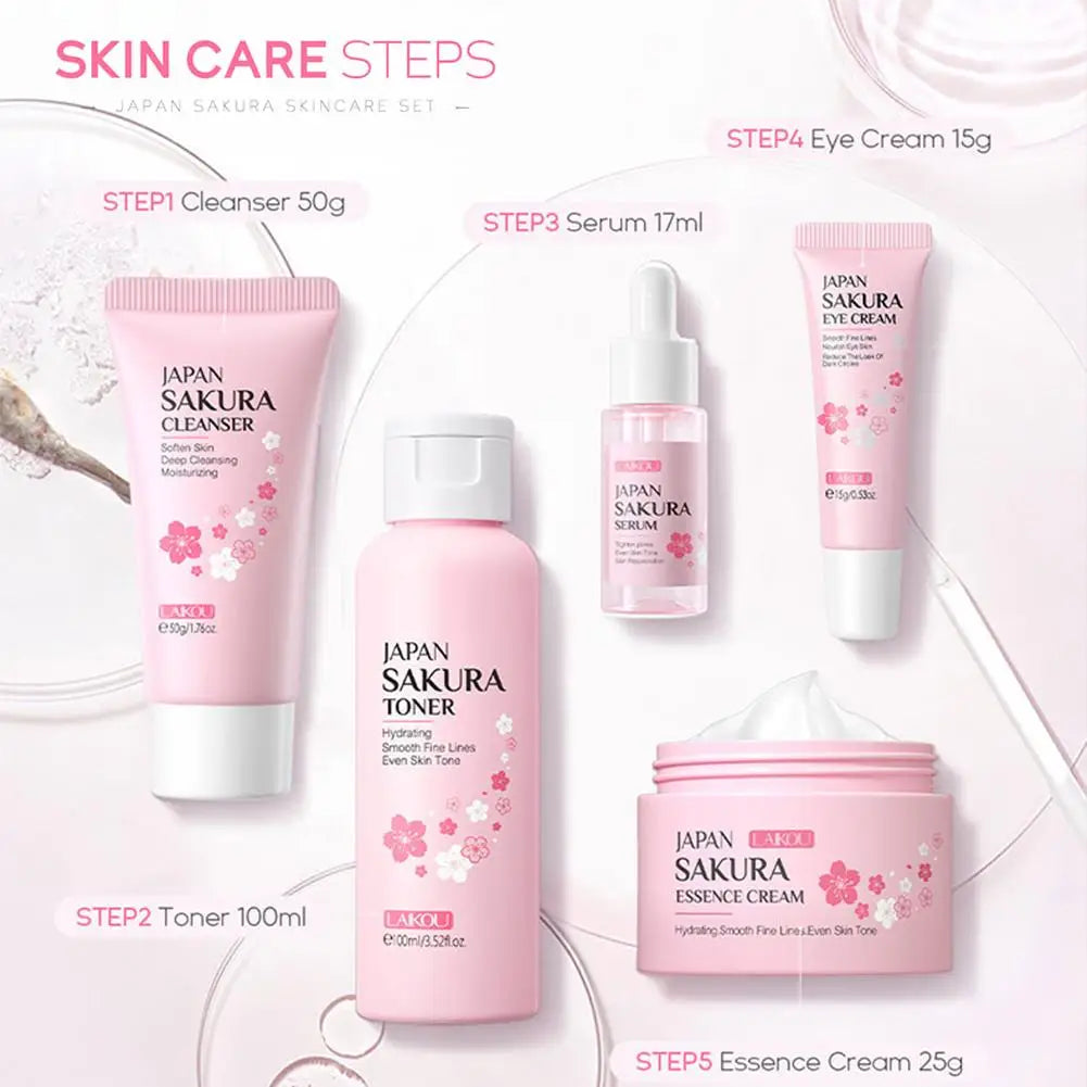 Sakura Skincare Set – 3/5-Piece Face Care Kit with Toner, Serum, Cream & More