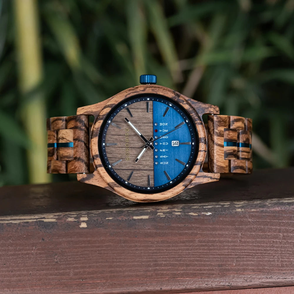 RBB Men's Wooden Quartz Watch – Unique Design with Week & Date Display