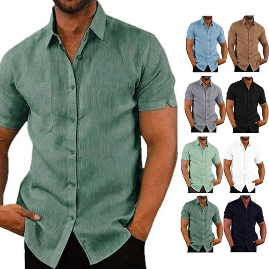 RBB Men’s Summer Cotton Linen Shirt – Short Sleeves, Turn-Down Collar, Casual Beach Style
