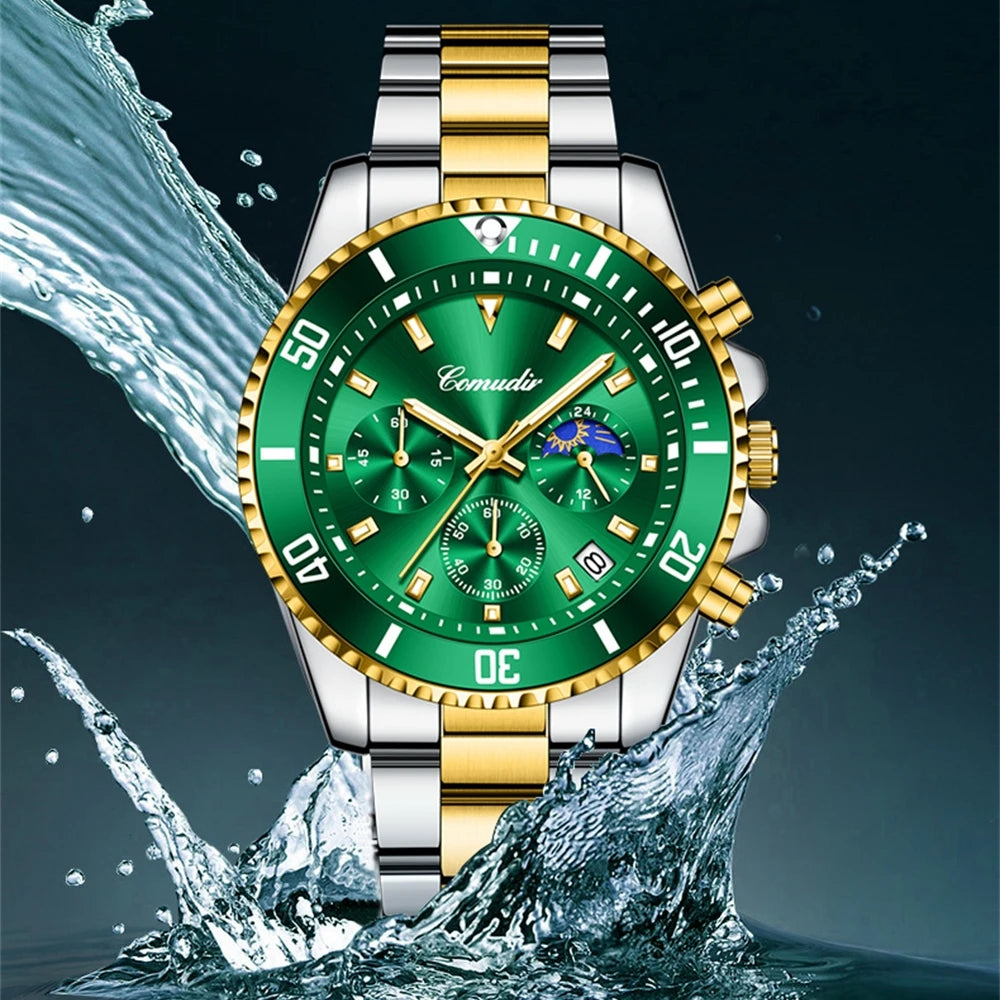 RBB Men's Luxury Sports Watch – Green Dial, Hollow Design, 2024 Quartz Steel Wristwatch