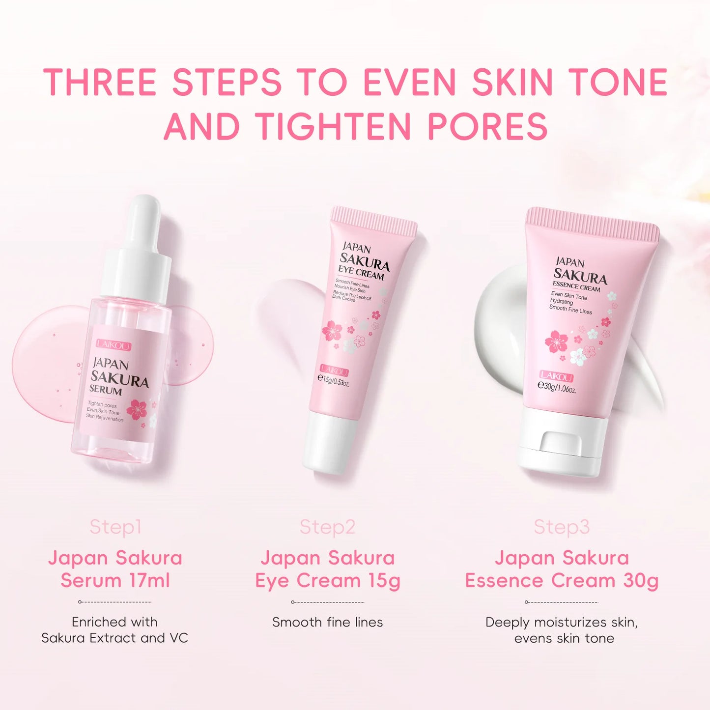 3-Piece Sakura Skincare Set – Cream, Serum & Eye Cream for Daily Moisturizing