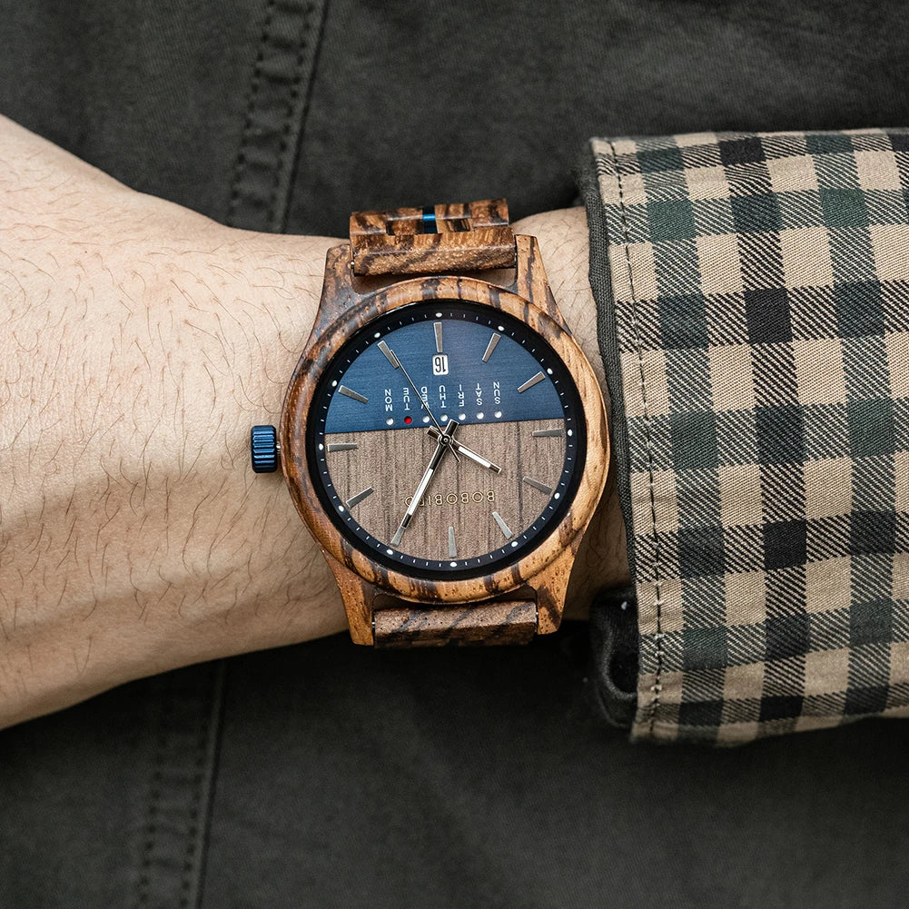 RBB Men's Wooden Quartz Watch – Unique Design with Week & Date Display