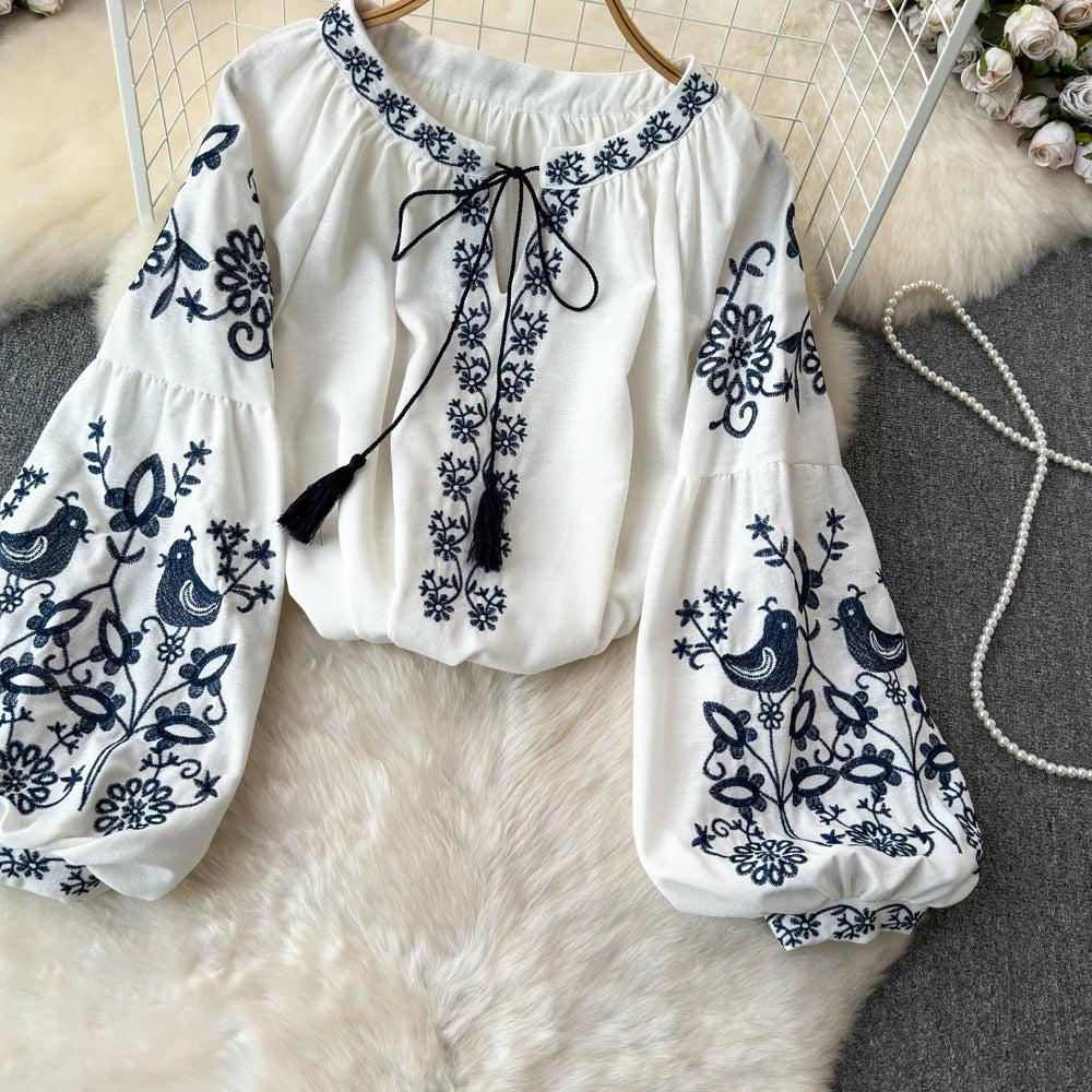 RBB Women's Retro Ethnic Embroidered Shirt –  Style Loose Long Sleeve Blouse