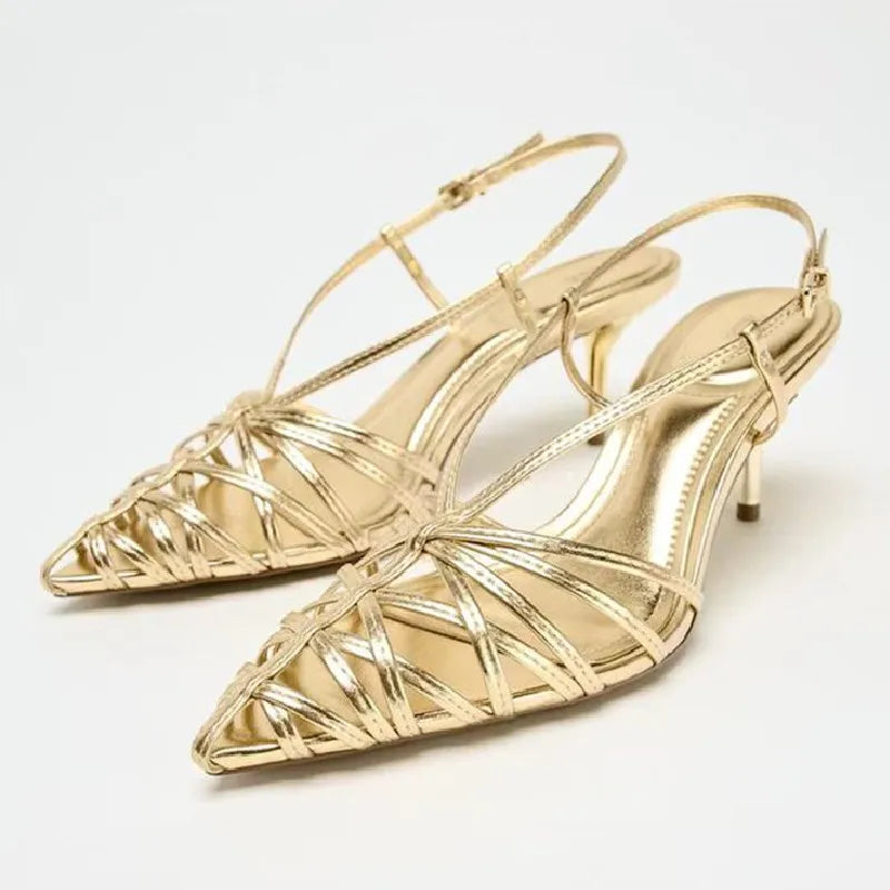 RBB Luxury Gold Women’s Pointed Toe High Heel Sandals – Hollow Slingback Dress Shoes (Summer Elegant Heels)