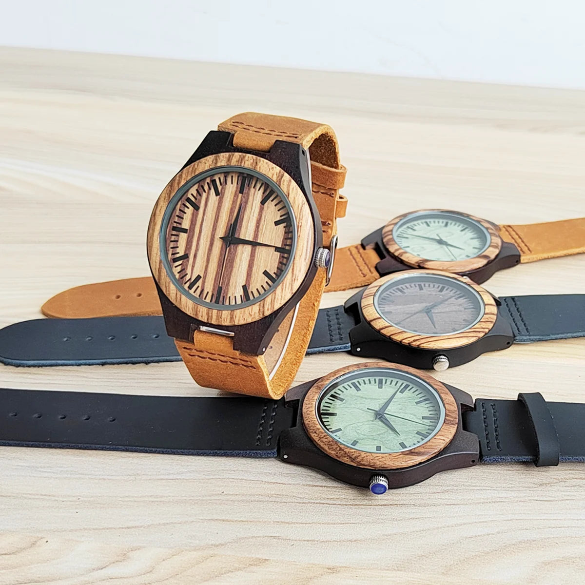 RBB Personalized Wooden Quartz Watch – Unisex Leather Strap, Custom Engraving, Gift-Ready