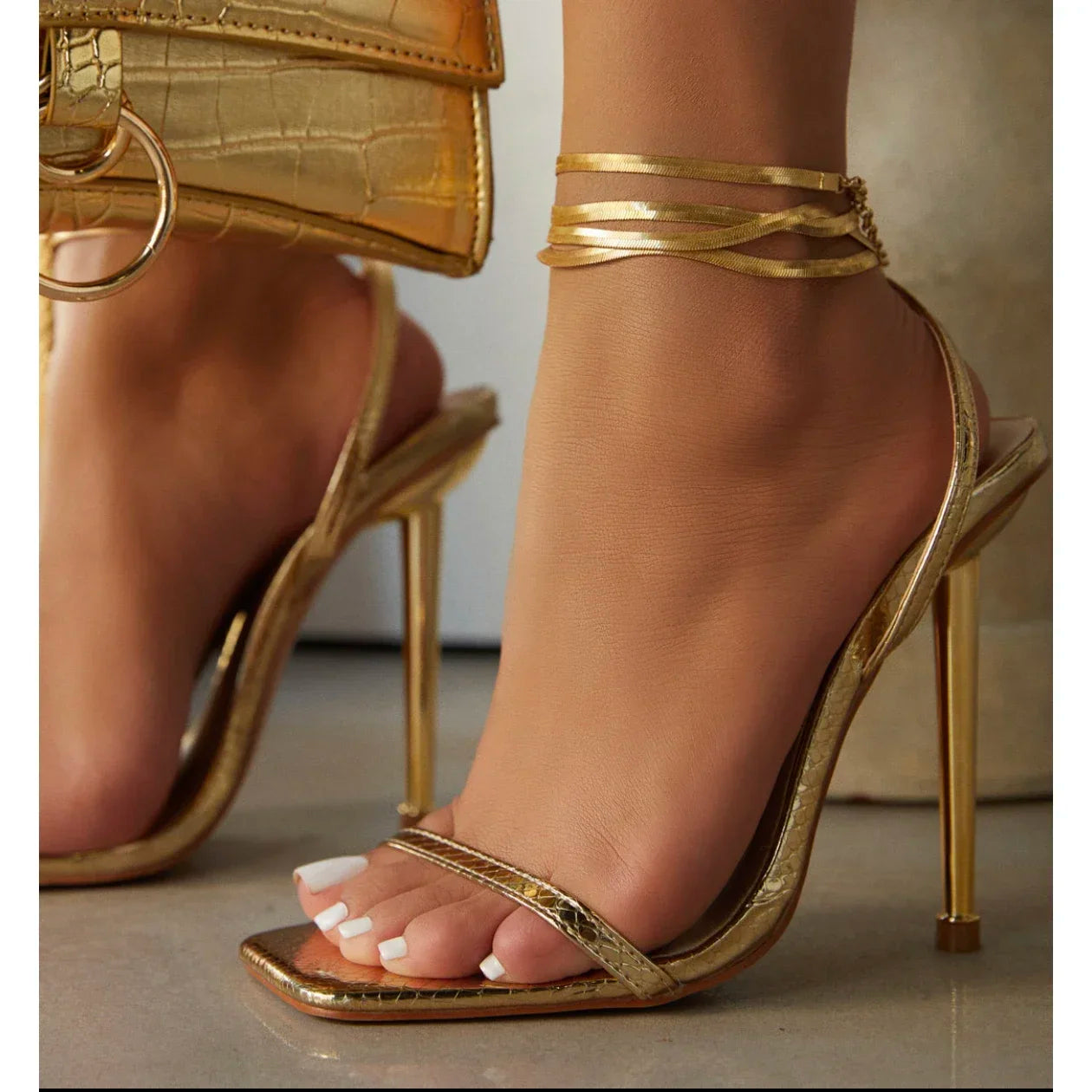 RBB 2024 Women’s Sexy Gold High Heels — Thin Single Strap Metal Stiletto Sandals