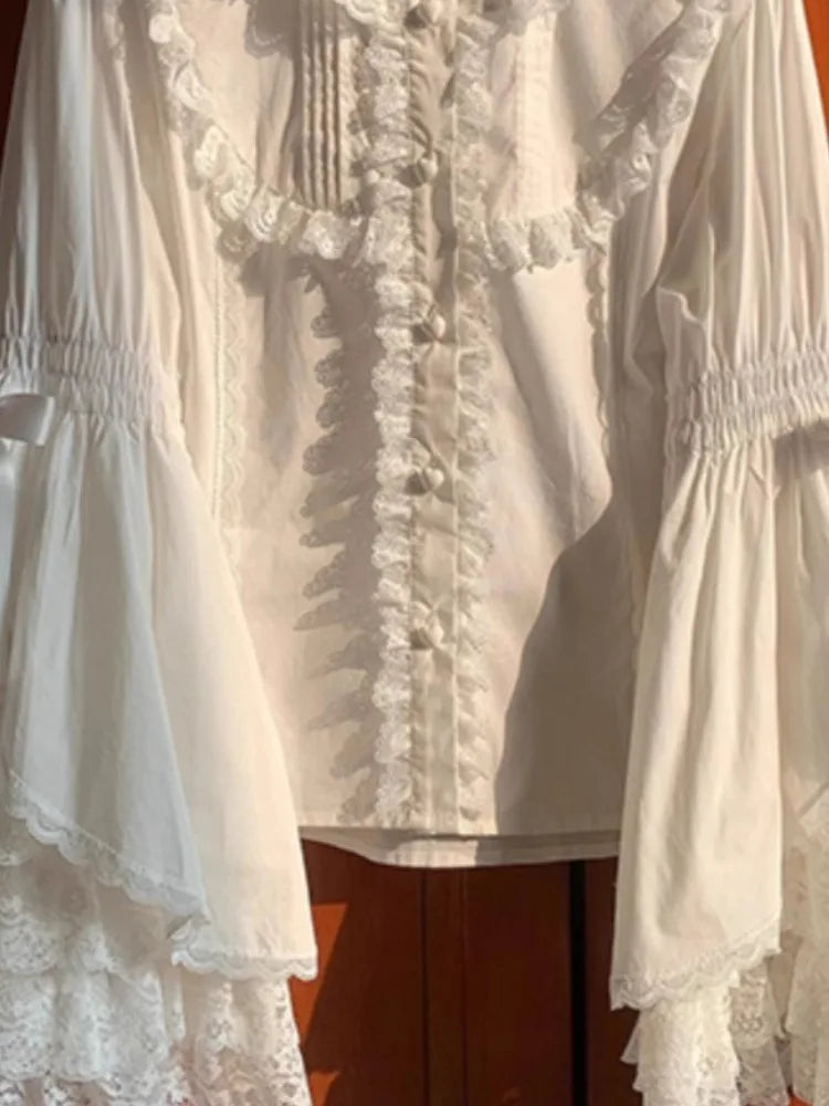 RBB Women's Kawaii Lace Patchwork Shirt – Sweet Lolita Y2K Loose Flare Sleeve Blouse