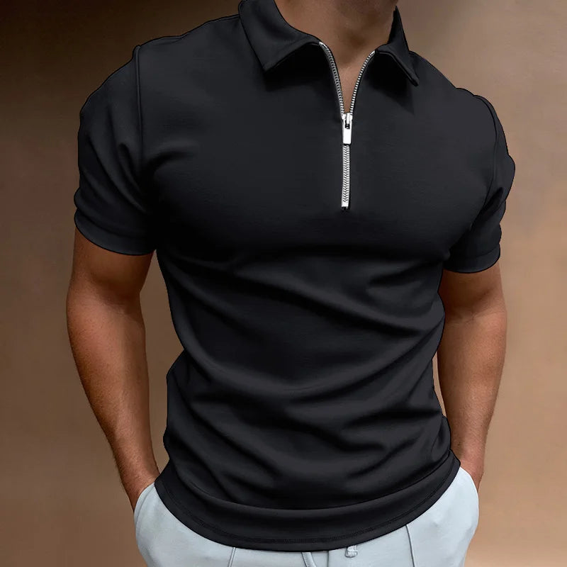RBB Men’s Summer Solid Color Polo Shirt – Casual Short Sleeve Zipper Collar Streetwear Top