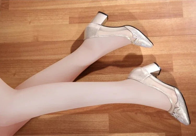 RBB Diamond Crystal Rhinestone Medium Heel Square Pumps – Elegant Women’s Dress Shoes 2025 Trend