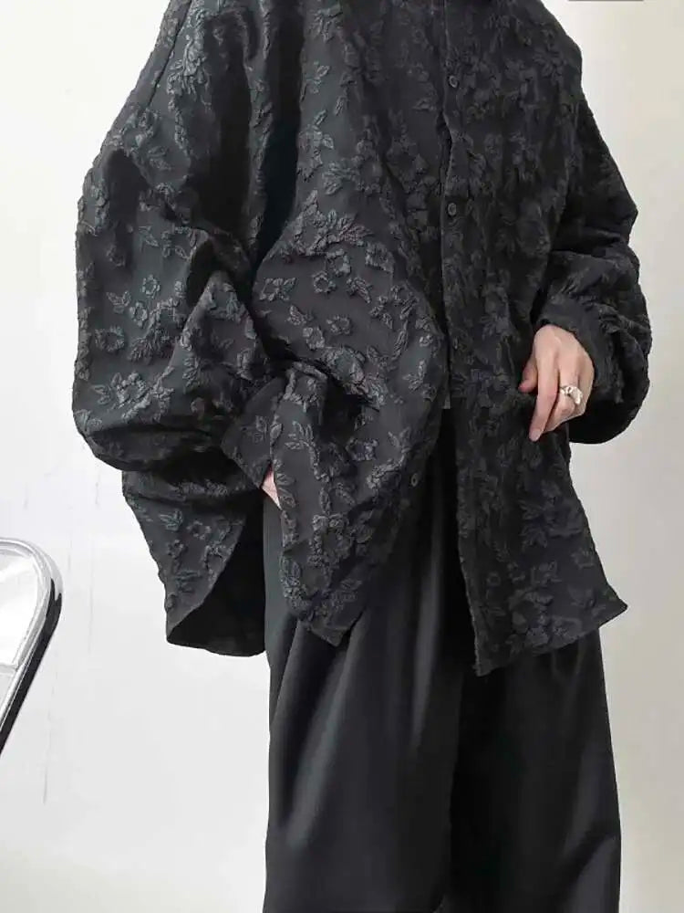 RBB Women's Crumpled Jacquard Shirt – Loose Fit Batwing Sleeve Casual Top