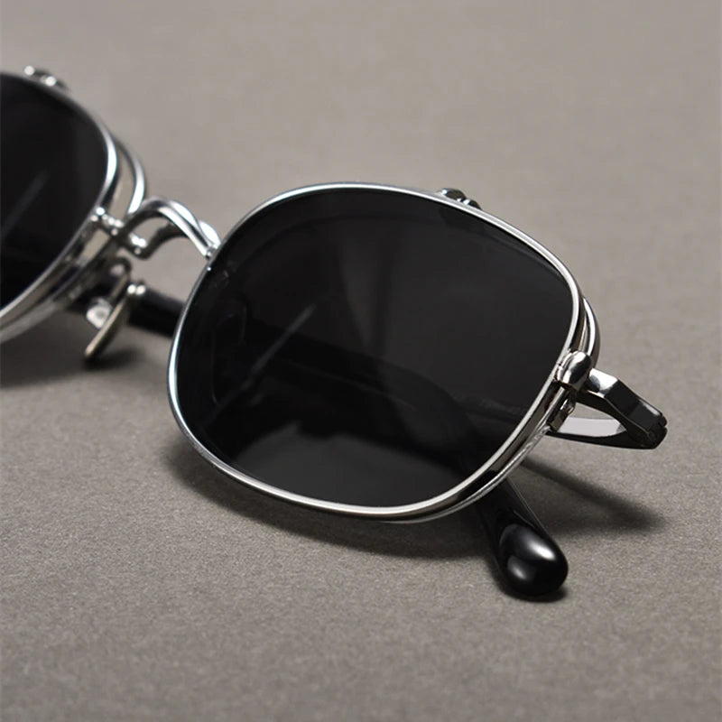 RBB Vintage Titanium Square Glasses Frame with Flip-Up Sunglasses – Semi Rimless Eyewear for Men & Women