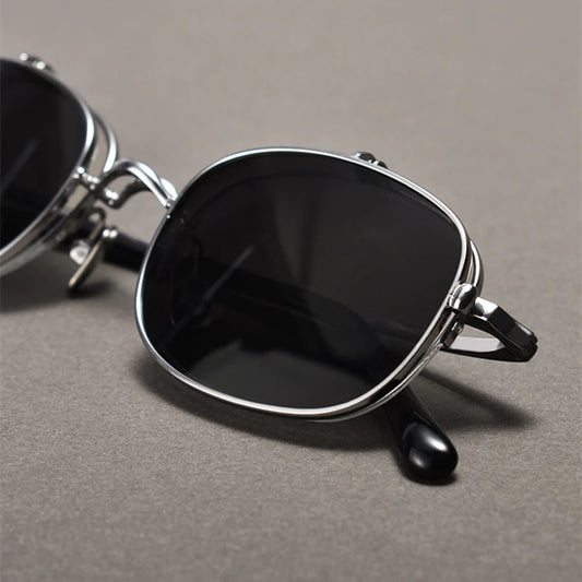 RBB Vintage Titanium Square Glasses Frame with Flip-Up Sunglasses – Semi Rimless Eyewear for Men & Women