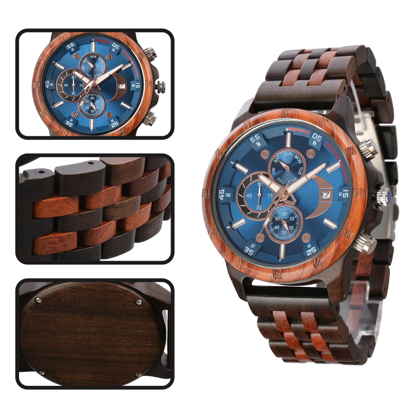 RBB Men’s Wooden Quartz Watch – Date & Week Display with Gift Box