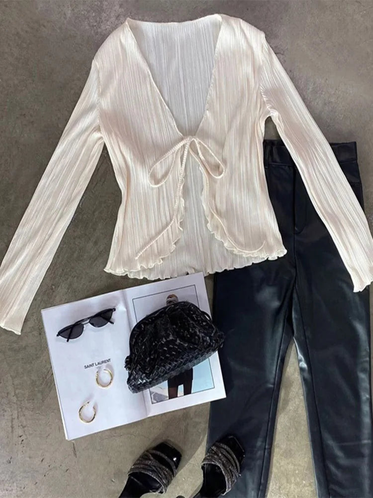 RBB Women's Pleated V-Neck Blouse – Long Flare Sleeve Tie-Up Cardigan Top