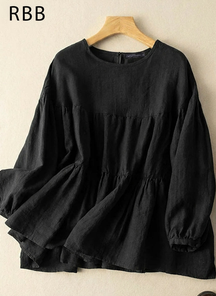 RBB Vintage Cotton Long Sleeve Women’s Blouse – O-Neck Solid Casual Shirt with Button Cuffs