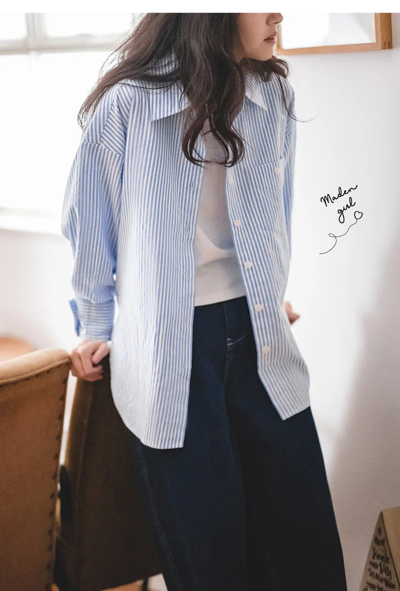 RBB Women's French Classic Striped Shirt – Oversized Long Sleeve Blouse