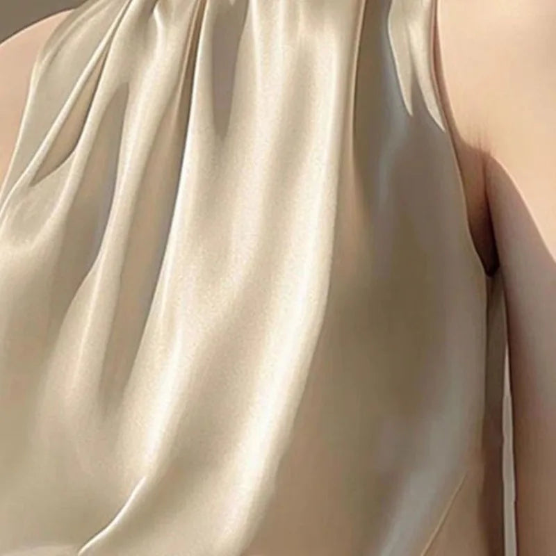 RBB Women's Silky Satin Sleeveless Crop Top – Summer Half Turtleneck Party Blouse