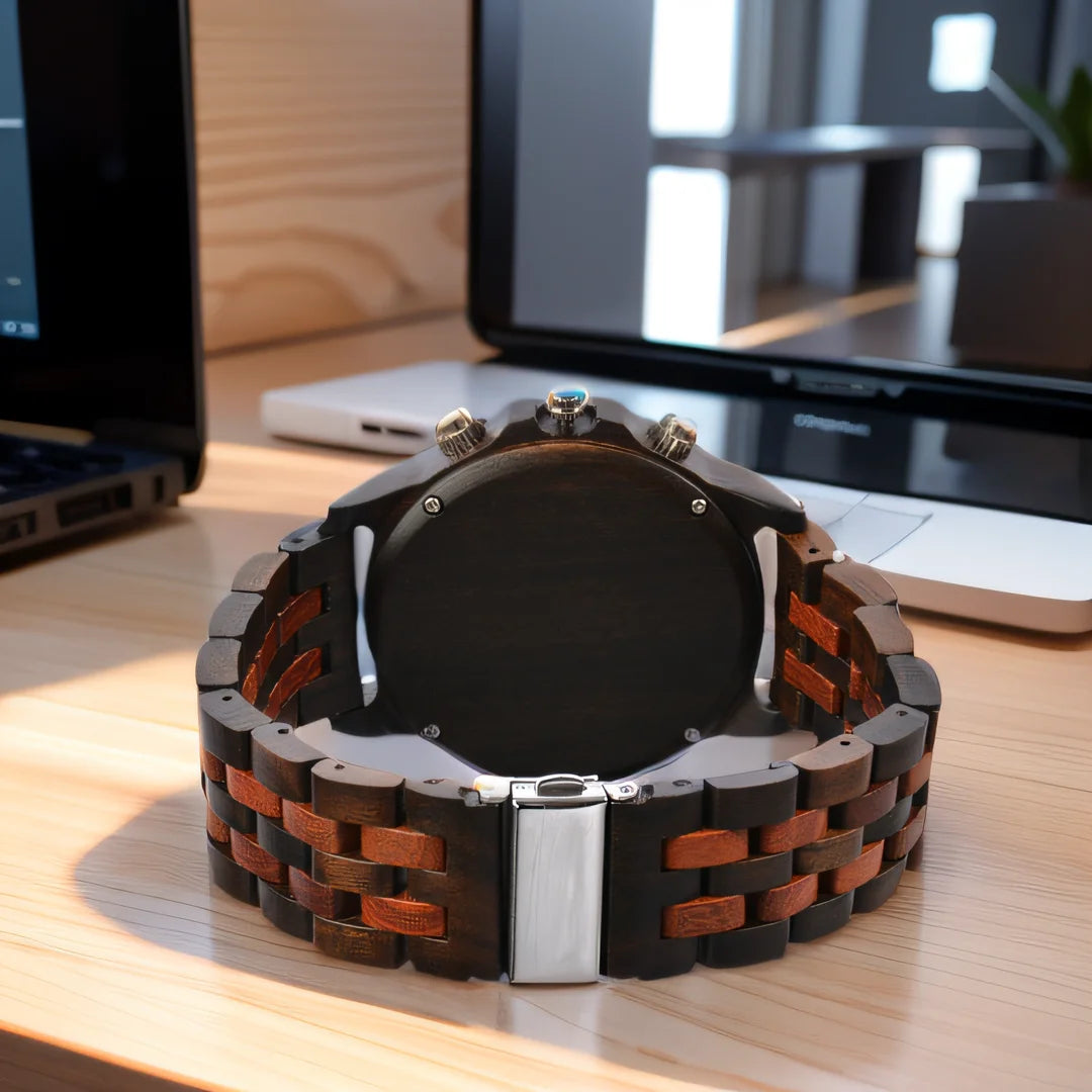 RBB Men’s Wooden Quartz Watch – Date & Week Display with Gift Box