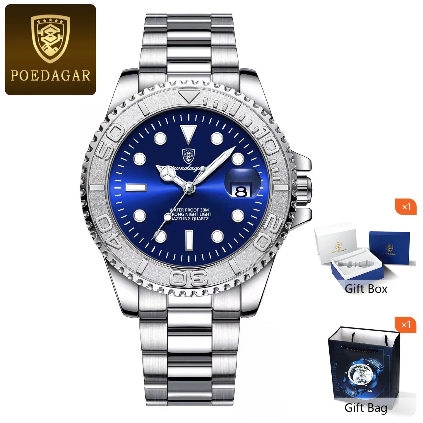RBB Men’s Waterproof Luminous Stainless Steel Quartz Watch – Business Date Wristwatch with Gift Box