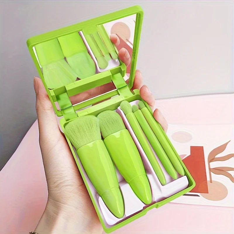 Portable Makeup Brush Kit – 5 Pcs with Foldable Mirror