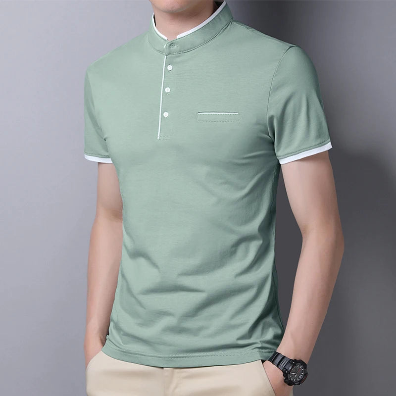 RBB 2025 Men’s Casual Fashion Stand-Up Collar Polo – Solid Color, Short Sleeve, Summer Versatile & Comfortable Top