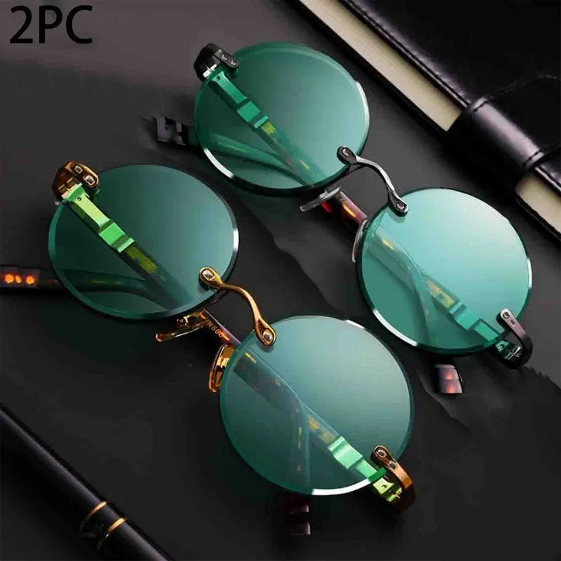 RBB Classic Rimless Retro Round Sunglasses – Unisex Crystal Frame with Dark Green Lenses