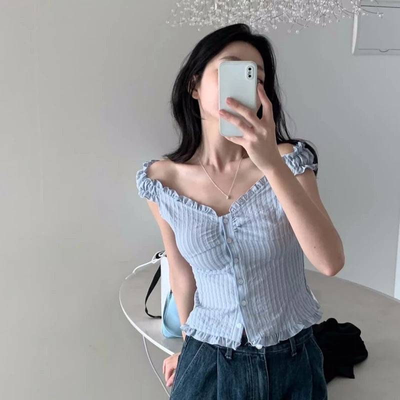 RBB Women's  Striped Lace Trim Shirt – Slim Fit Cotton Long Sleeve Blouse