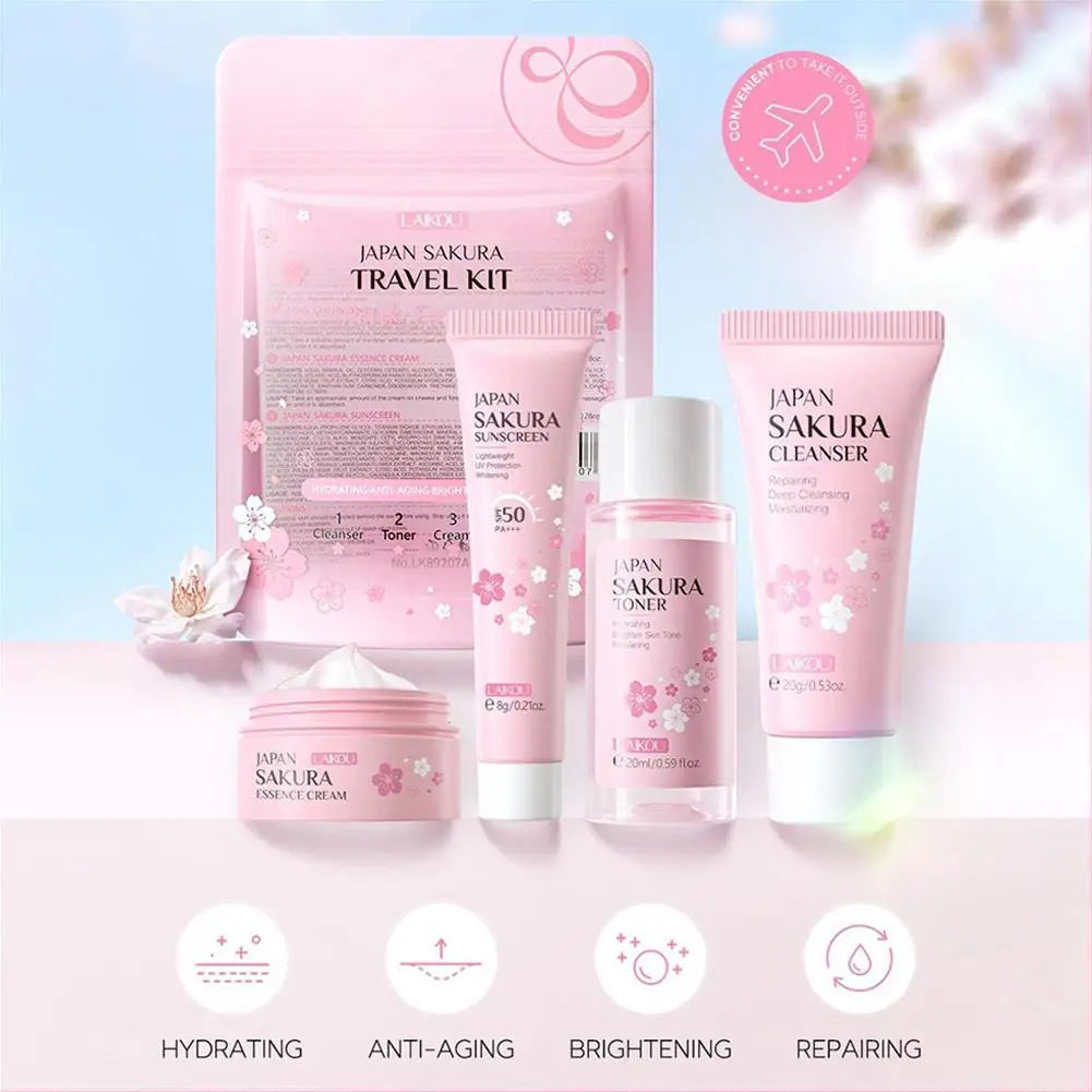 Sakura Skin Care Set – Cleanser, Serum, Toner, Sunscreen & Cream for Women