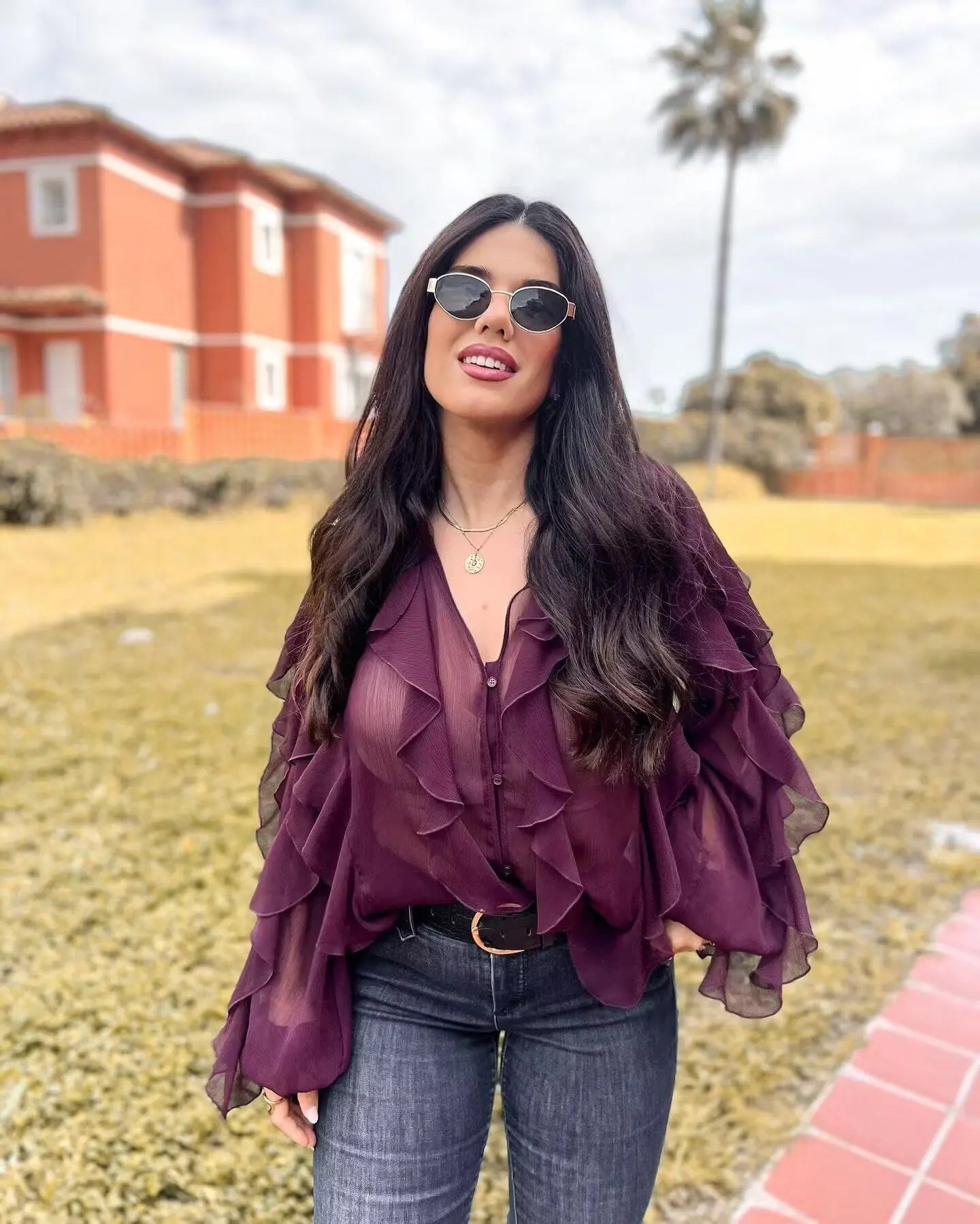 RBB Women's Summer V-Neck Ruffle Blouse – Sheer Tiered Button-Front Beach Top