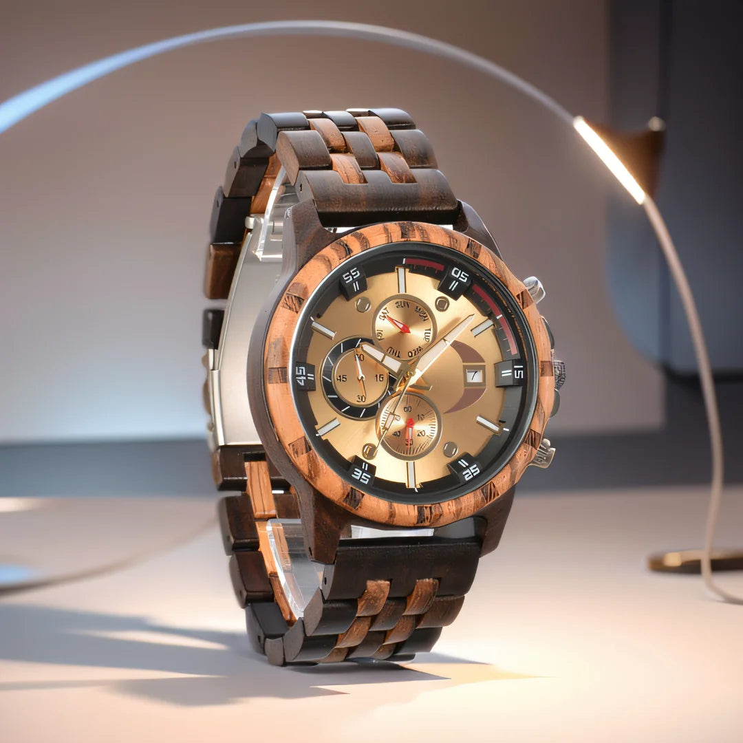 RBB Men’s Wooden Quartz Watch – Date & Week Display with Gift Box