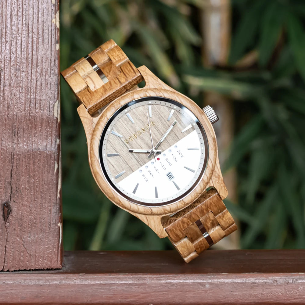 RBB Men's Wooden Quartz Watch – Unique Design with Week & Date Display