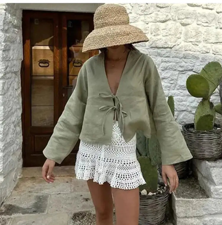 RBB Women's Elegant Lace-Up Bow Shirt – V-Neck Long Flare Sleeve Top