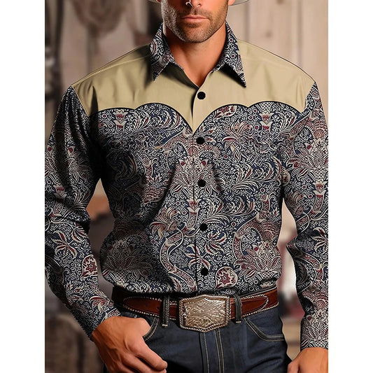 RBB Men’s Yellowstone Western Denim Shirt – Two-Tone Patchwork, Casual Long Sleeve