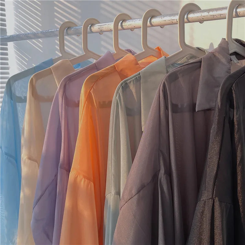 RBB Women’s Semi-Sheer Shimmer Long Sleeve Shirt – Lightweight Button-Down Collared Top for Spring/Summer