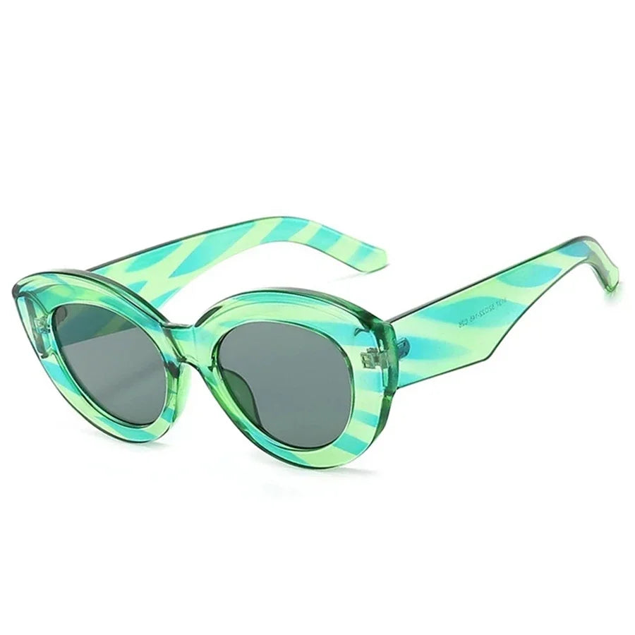 RBB Oversized Cat Eye Sunglasses – Green Striped Retro UV400 Shades