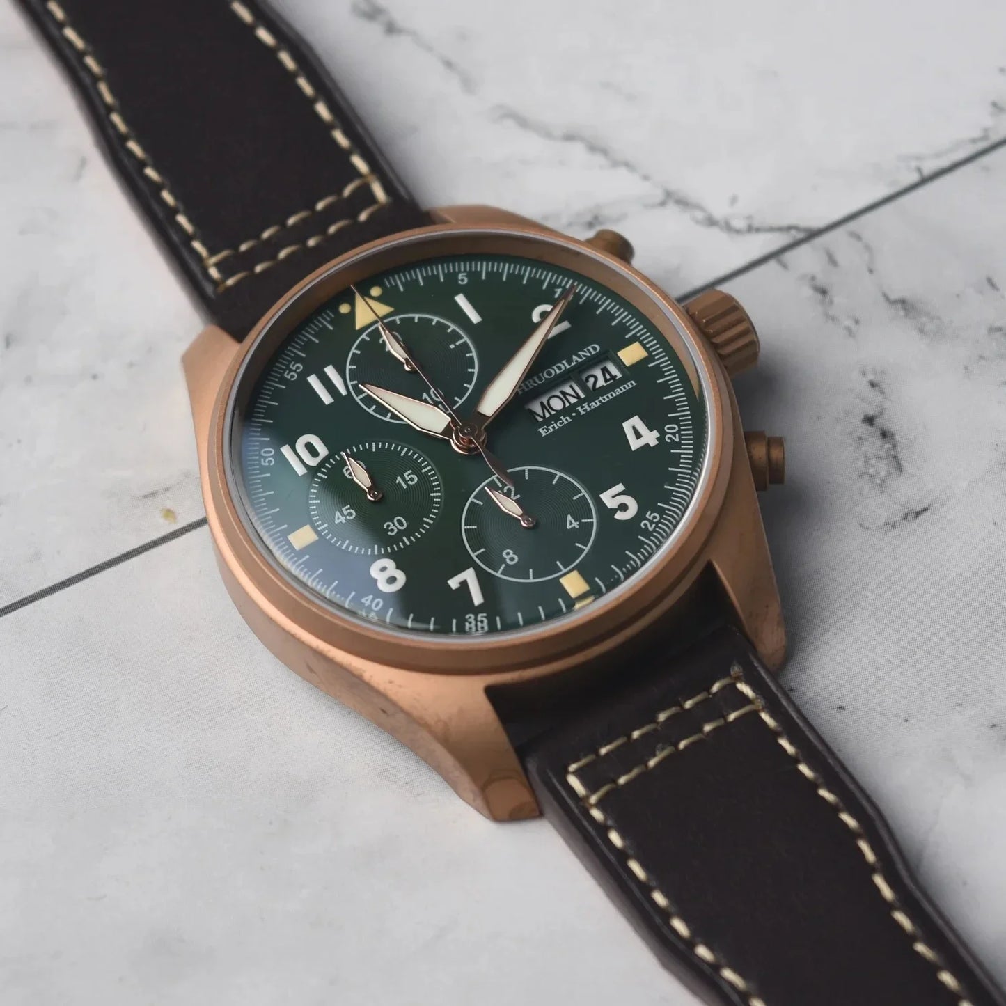 RBB Solid Bronze Men's Quartz Pilot Watch – Chronograph, Sapphire Crystal, 100M Waterproof, Leather Strap
