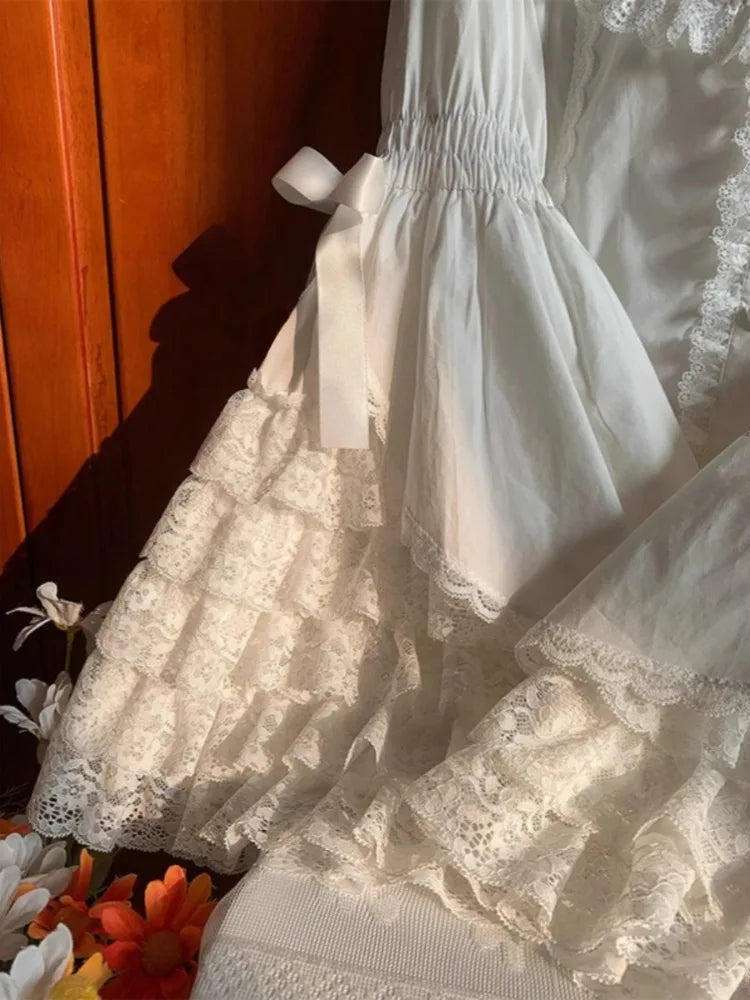 RBB Women's Kawaii Lace Patchwork Shirt – Sweet Lolita Y2K Loose Flare Sleeve Blouse