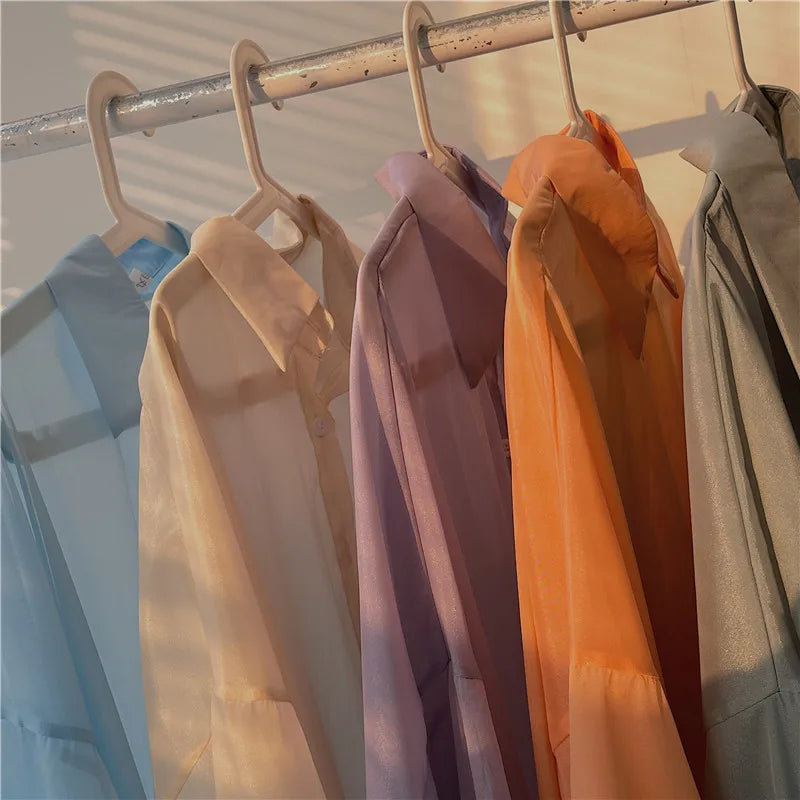 RBB Women’s Semi-Sheer Shimmer Long Sleeve Shirt – Lightweight Button-Down Collared Top for Spring/Summer