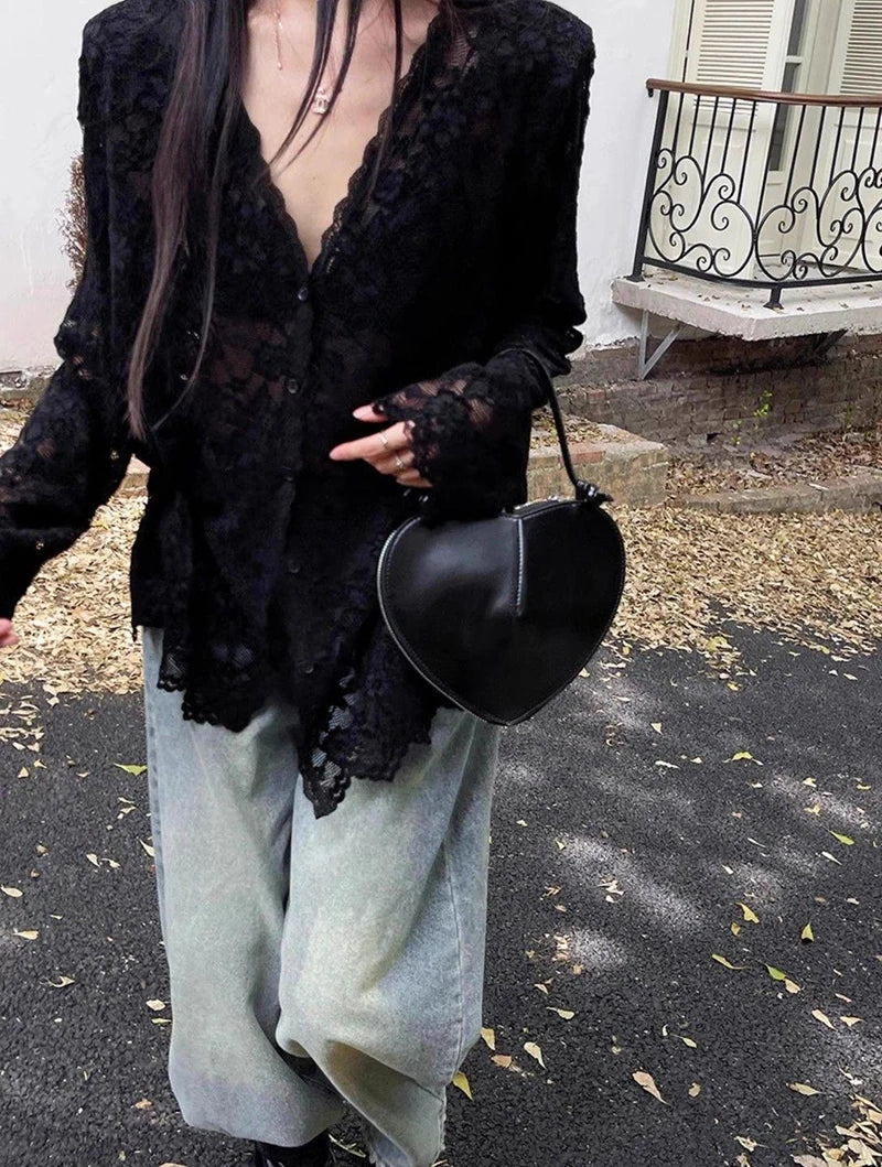RBB Women's Y2K Lace Sheer Shirt – Sexy Hollow-Out Long Sleeve Streetwear Top