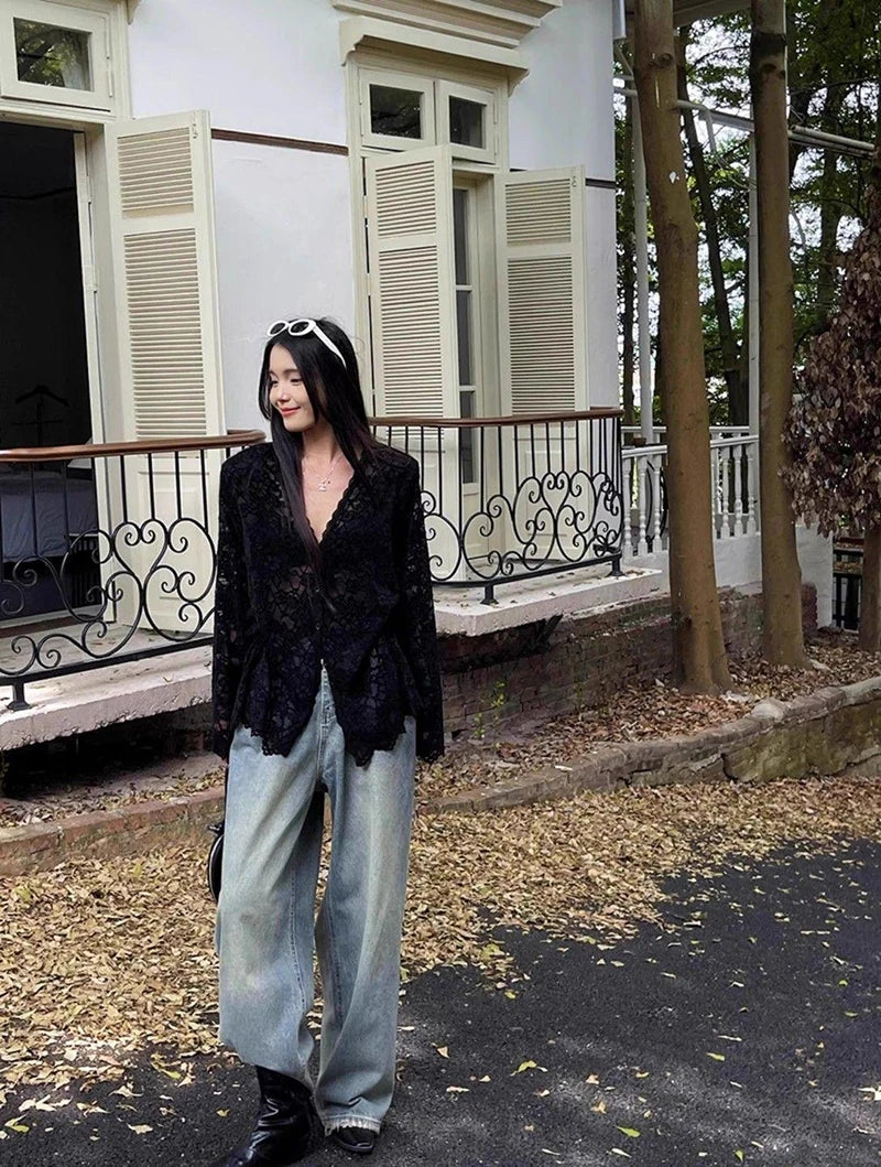 RBB Women's Y2K Lace Sheer Shirt – Sexy Hollow-Out Long Sleeve Streetwear Top