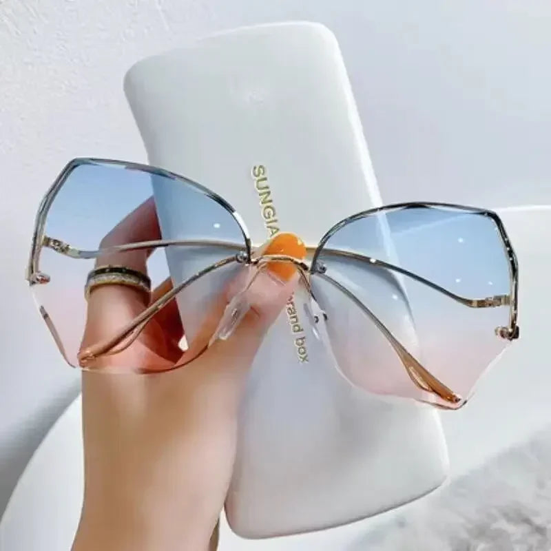 RBB Irregular Rimless Round Sunglasses for Women – Gradient Fashion Designer Shades