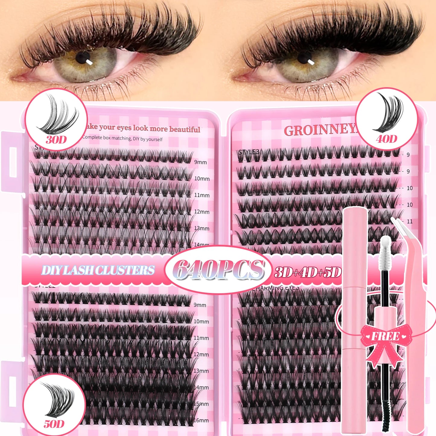 DIY Lash Clusters Set – Mixed Fluffy Individual Extensions with Lash Bond & Seal Kit